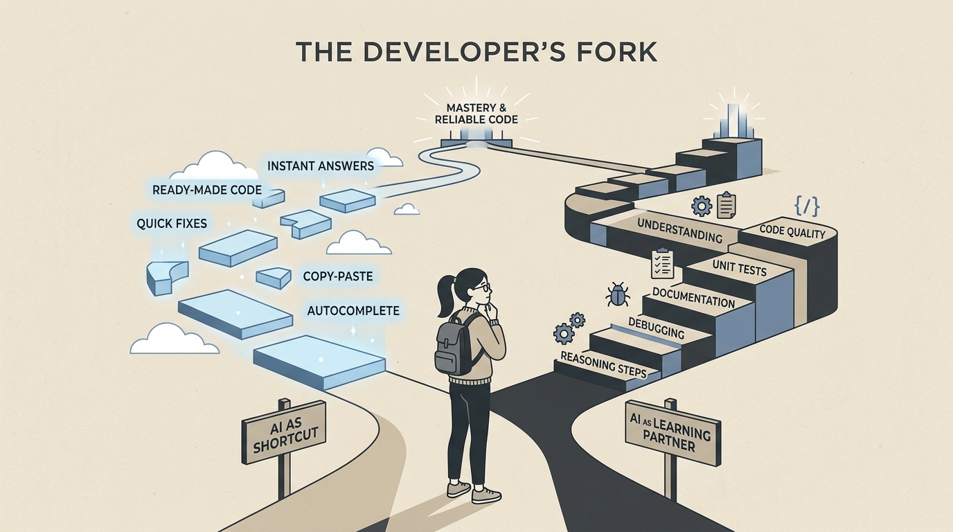 Иллюстрация к разделу: Почему AI для начинающего разработчика одновременно подарок и ловушка